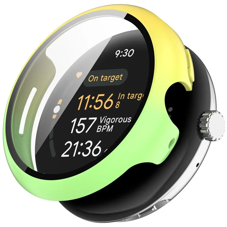 For Google Pixel Watch 3 45mm Watch Cover Hard PC Case with Tempered Glass Screen Film - Yellow+Green