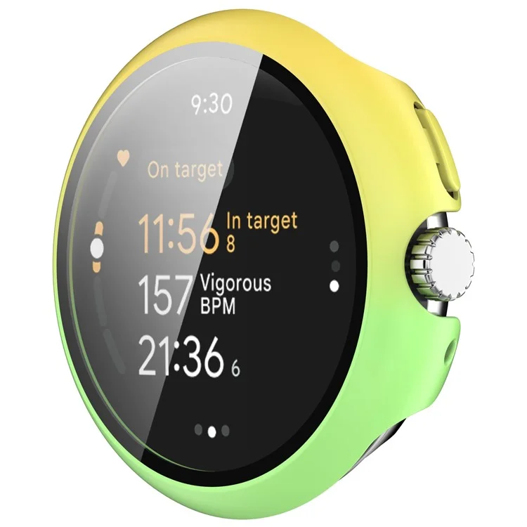 For Google Pixel Watch 3 45mm Watch Cover Hard PC Case with Tempered Glass Screen Film - Yellow+Green