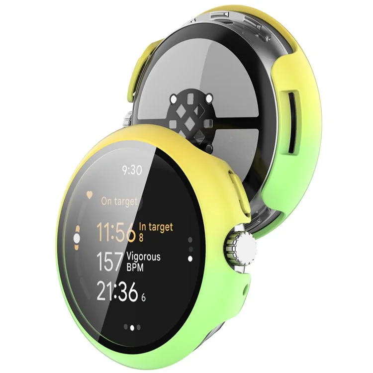 For Google Pixel Watch 3 45mm Watch Cover Hard PC Case with Tempered Glass Screen Film - Yellow+Green