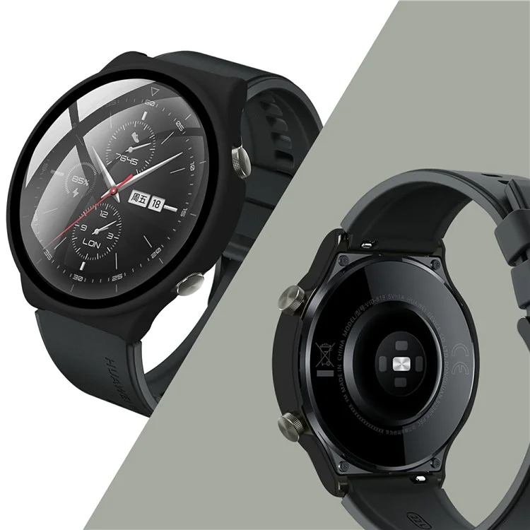 Rubberized PC Case Frame with Tempered Glass Screen Protector for Huawei Watch GT 2 Pro - Black