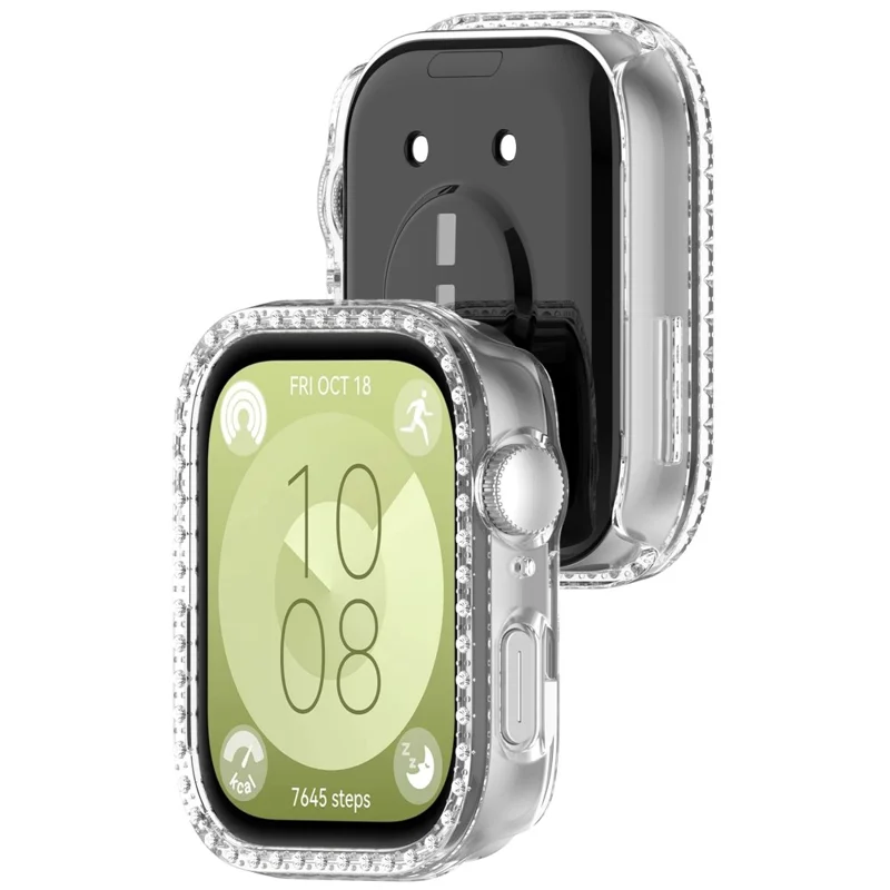 For Huawei Watch Fit 3 Watch Case Diamond Decor Half Coverage Hollow PC Watch Protective Cover - Transparent