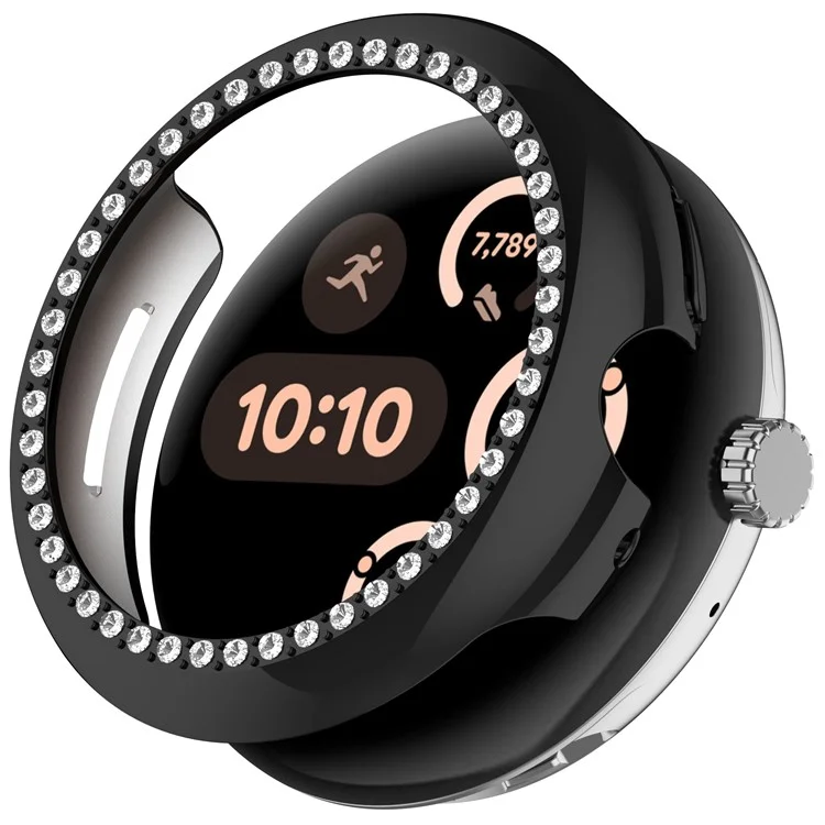 Hollow-Out Cover For Google Pixel Watch 3 41mm / Watch 2 / Watch , Rhinestone Decor PC Watch Frame Case - Electroplating Black