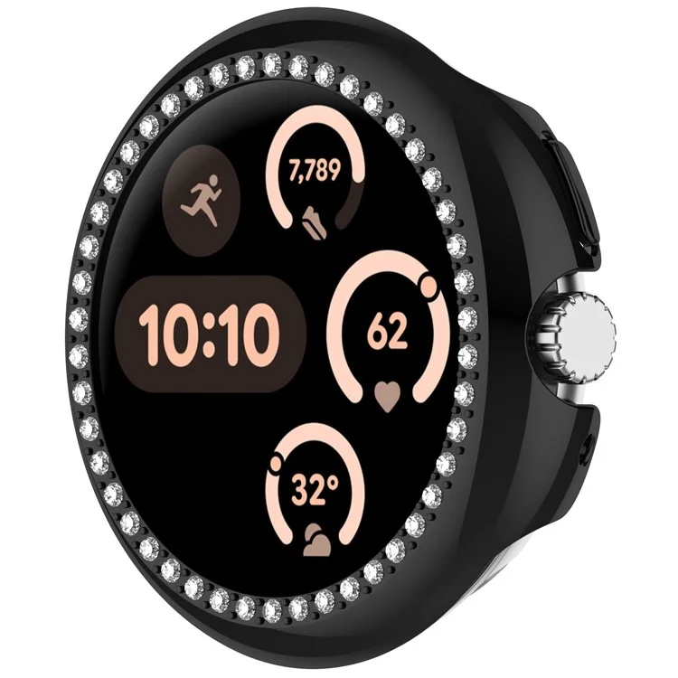 Hollow-Out Cover For Google Pixel Watch 3 41mm / Watch 2 / Watch , Rhinestone Decor PC Watch Frame Case - Electroplating Black