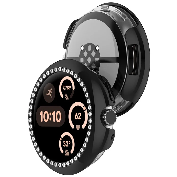 Hollow-Out Cover For Google Pixel Watch 3 41mm / Watch 2 / Watch , Rhinestone Decor PC Watch Frame Case - Electroplating Black