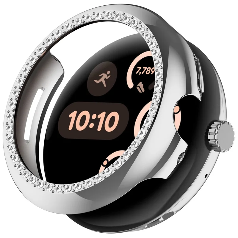 Hollow-Out Cover For Google Pixel Watch 3 41mm / Watch 2 / Watch , Rhinestone Decor PC Watch Frame Case - Electroplating Silver