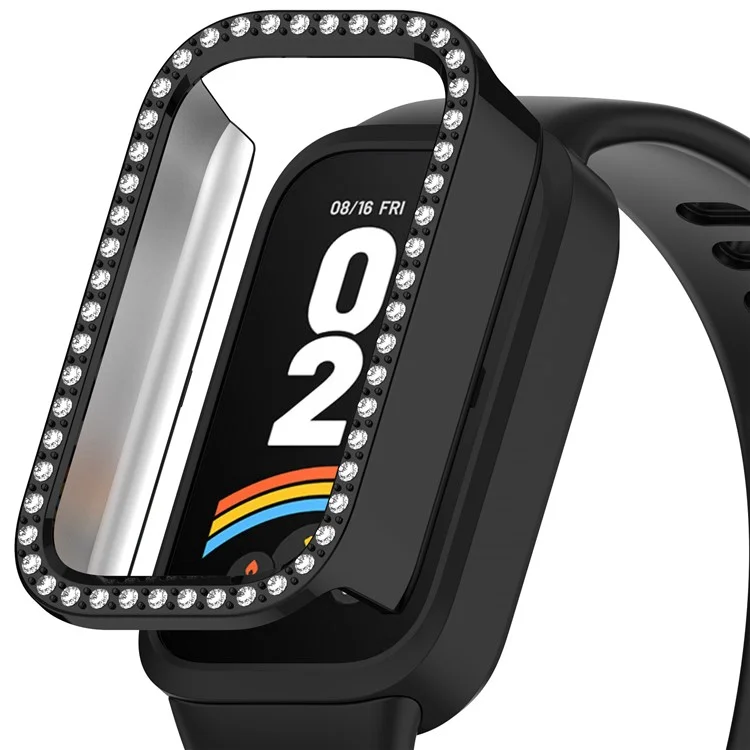 For Xiaomi Smart Band 9 Active / Redmi Band 3 Hollow-Out Cover Rhinestone Decor PC Watch Frame Case - Electroplating Black
