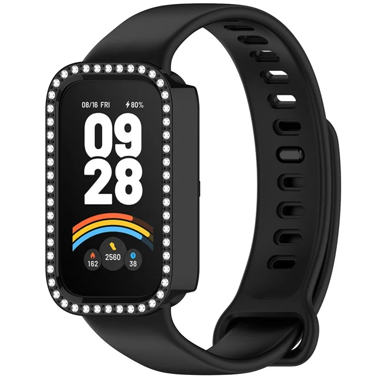 For Xiaomi Smart Band 9 Active / Redmi Band 3 Hollow-Out Cover Rhinestone Decor PC Watch Frame Case - Electroplating Black
