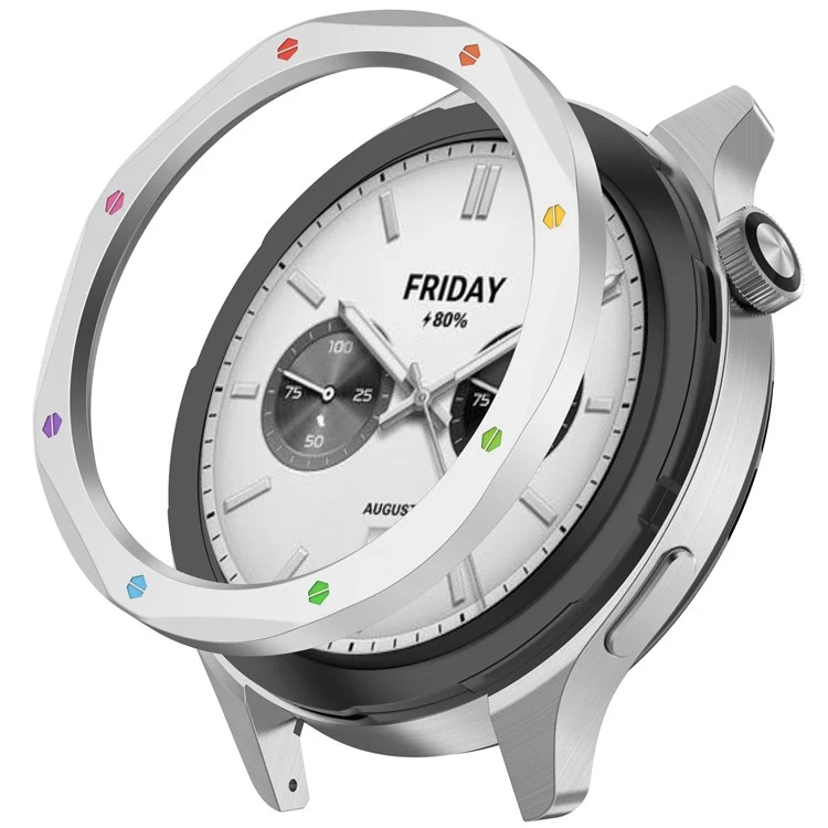 Anillo de bisel para Xiaomi Watch S4 / S4 eSIM Version / S3 / S3 eSIM Version, cubierta de acero inoxidable con película de vidrio templado - Plata+Arcoíris
