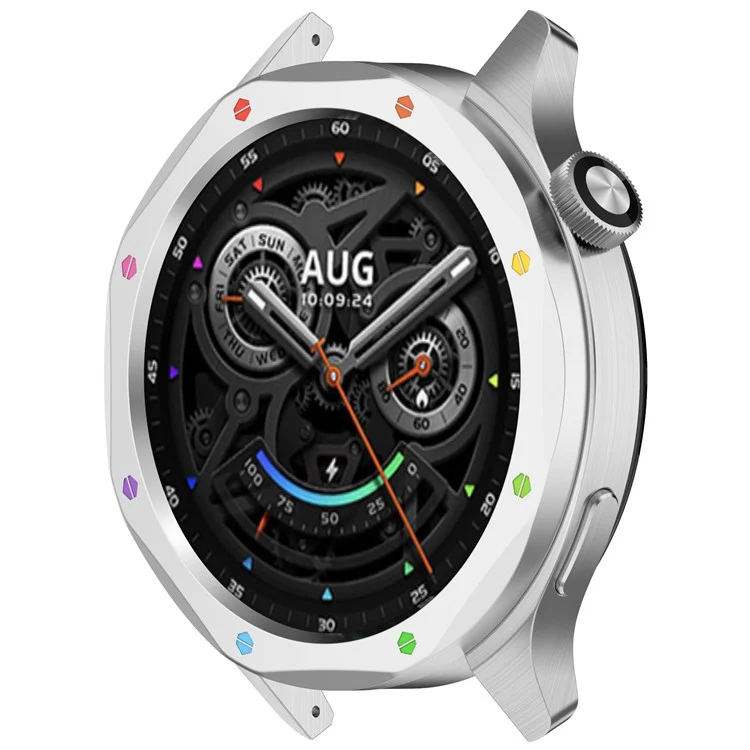 Anillo de bisel para Xiaomi Watch S4 / S4 eSIM Version / S3 / S3 eSIM Version, cubierta de acero inoxidable con película de vidrio templado - Plata+Arcoíris