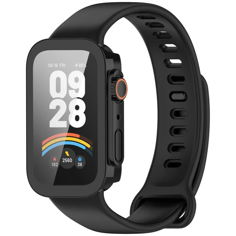 For Xiaomi Smart Band 9 Active / Redmi Band 3 Watch Case PC Frame Cover with Tempered Glass Screen Film - Black