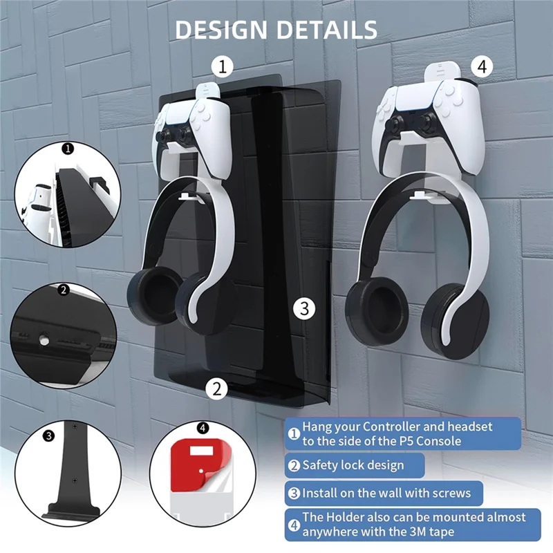 JYS P5227 Wall Mount Bracket for Sony PlayStation 5 Slim / 5 Pro / 5 Game Console Storage Rack Hook Set - White