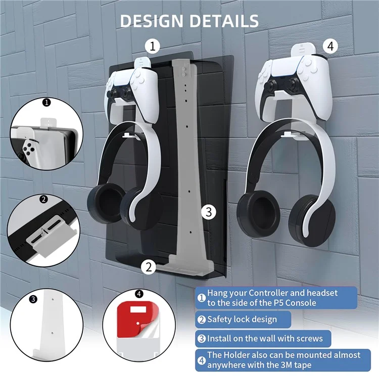 JYS P5227 Wall Mount Bracket for Sony PlayStation 5 Slim / 5 Pro / 5 Game Console Storage Rack Hook Set - Black
