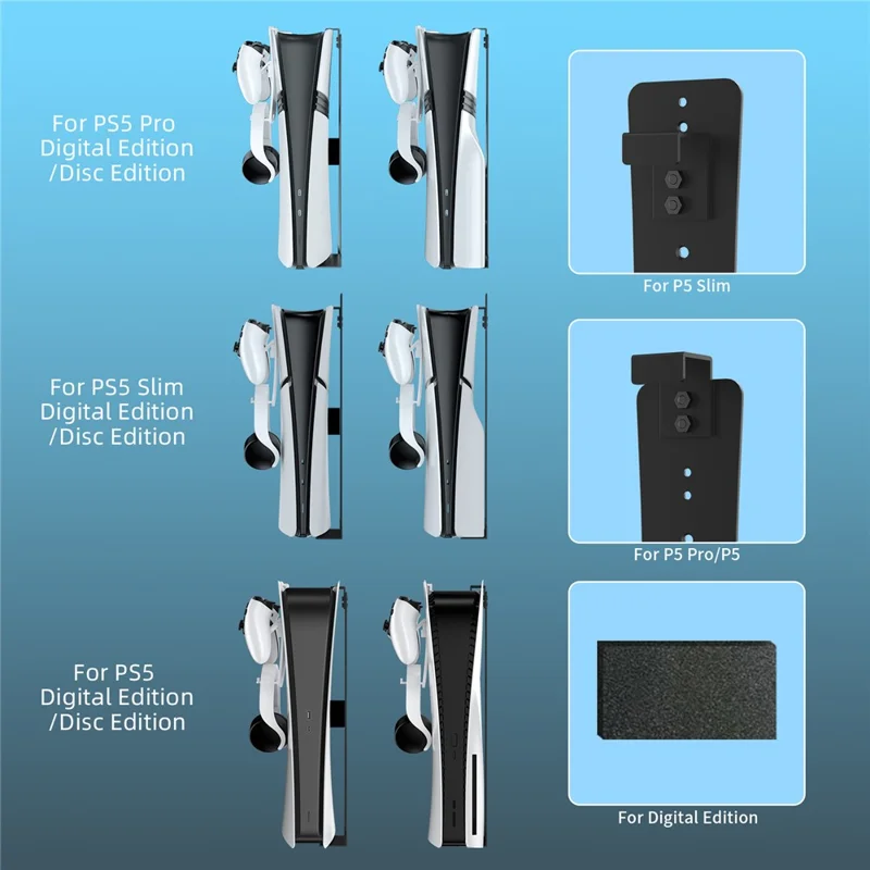 JYS P5227 Wall Mount Bracket for Sony PlayStation 5 Slim / 5 Pro / 5 Game Console Storage Rack Hook Set - Black