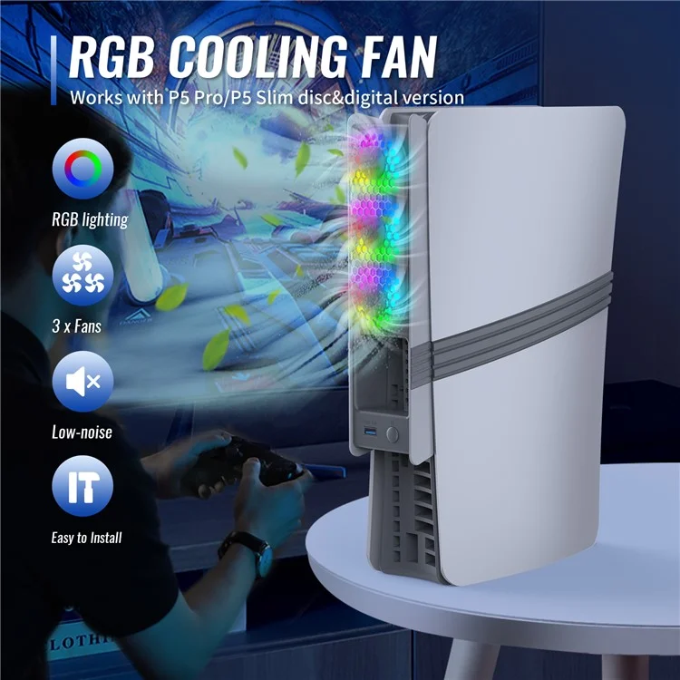 JYS JYS-P5228 For Sony PS5 Pro / Slim Console Cooling Fan Smart Temperature Control Rear Fan with RGB Light - Retro Color