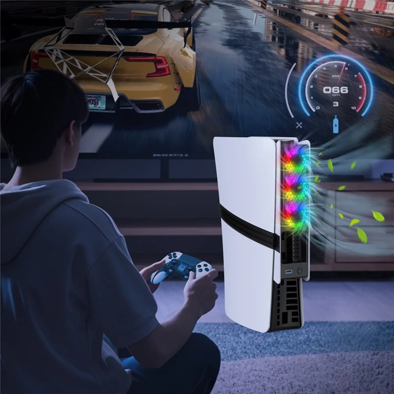 JYS JYS-P5228 For Sony PS5 Pro / Slim Console Cooling Fan Smart Temperature Control Rear Fan with RGB Light - Black