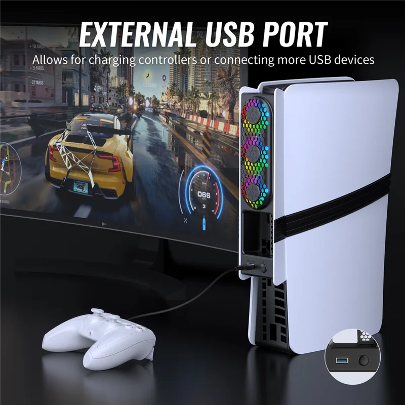 JYS JYS-P5228 For Sony PS5 Pro / Slim Console Cooling Fan Smart Temperature Control Rear Fan with RGB Light - Black