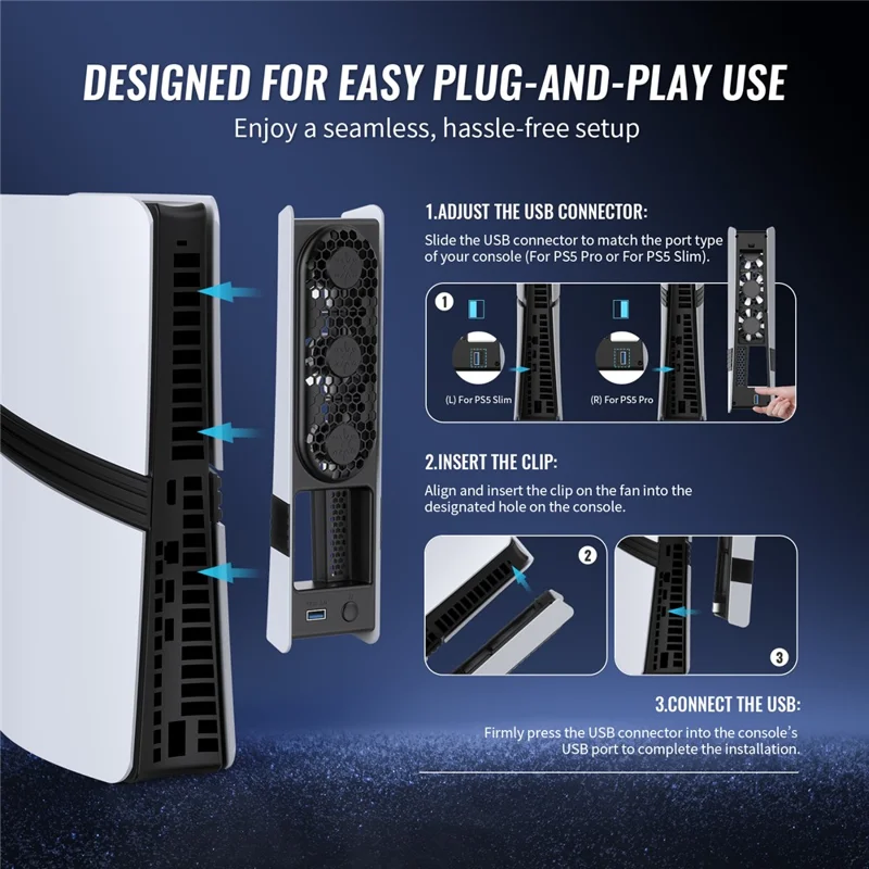 JYS JYS-P5228 For Sony PS5 Pro / Slim Console Cooling Fan Smart Temperature Control Rear Fan with RGB Light - Black