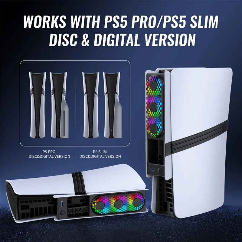 JYS JYS-P5228 For Sony PS5 Pro / Slim Console Cooling Fan Smart Temperature Control Rear Fan with RGB Light - Black