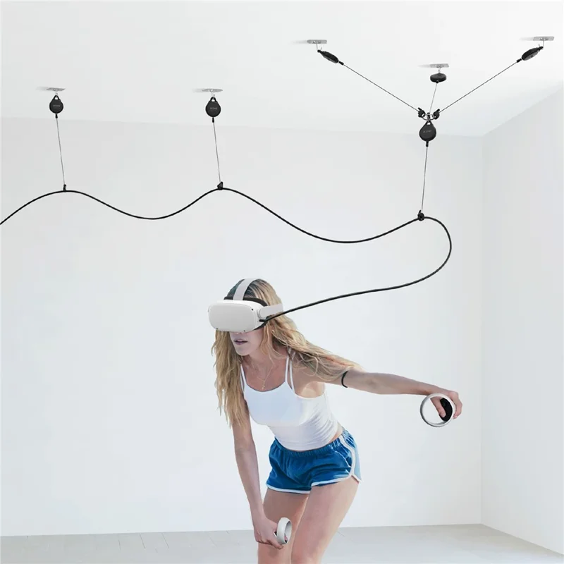 KIWI DESIGN 3PCS VR Cable Management for Meta Quest / Sony PlayStation VR Retractable Ceiling Pulley System - White