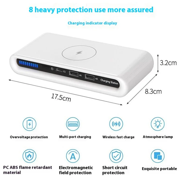 N67 USB Multi-Port Wireless Charger 30W Fast Charging Station USB Charging Hub with Ambient Light
