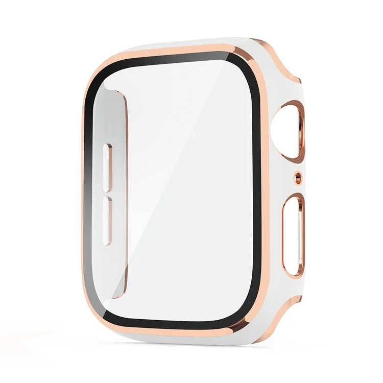 Cadre PC Plaqué en Une Seule Pièce + Étui de Protection de Montre en Verre Trempé Pour la Série Apple Watch se / 6/5/4 40 mm - Blanche / Champagne