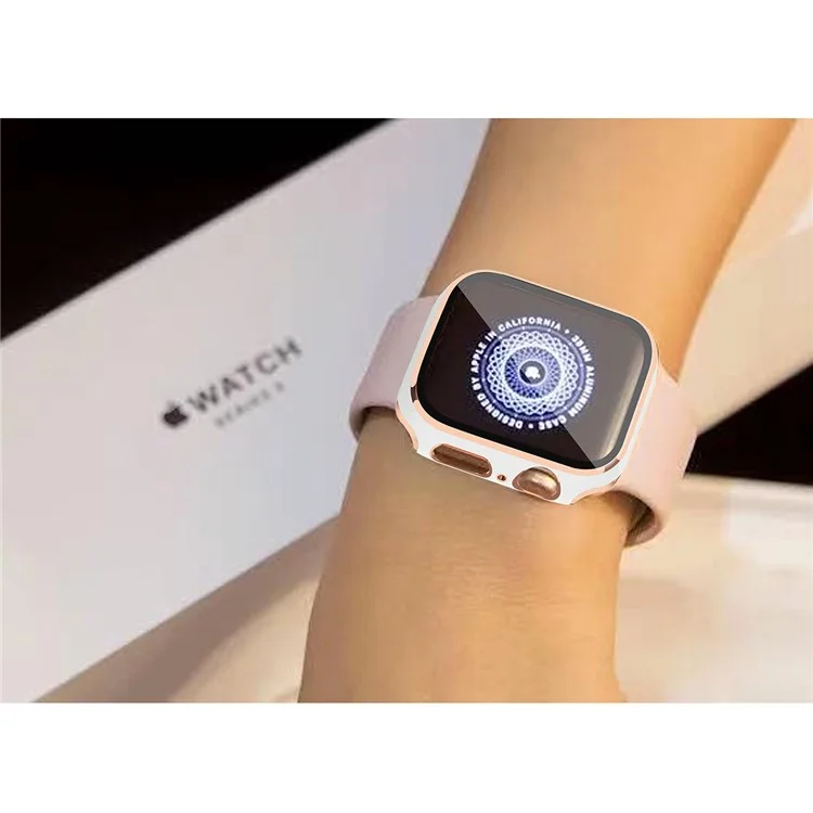 Cadre PC Plaqué en Une Seule Pièce + Étui de Protection de Montre en Verre Trempé Pour la Série Apple Watch se / 6/5/4 40 mm - Blanche / Champagne