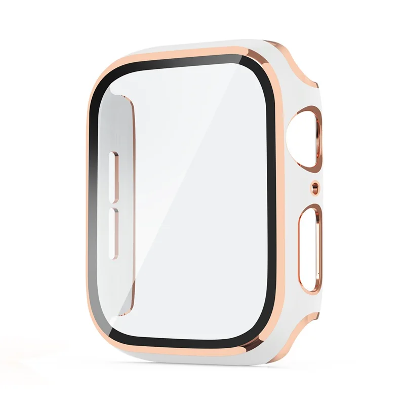 One-Piece Plated Hard PC and Tempered Glass Film Watch Case for Apple Watch Series SE3 / SE2 / SE1 /  6 / 5 / 4 44mm - White / Champagne