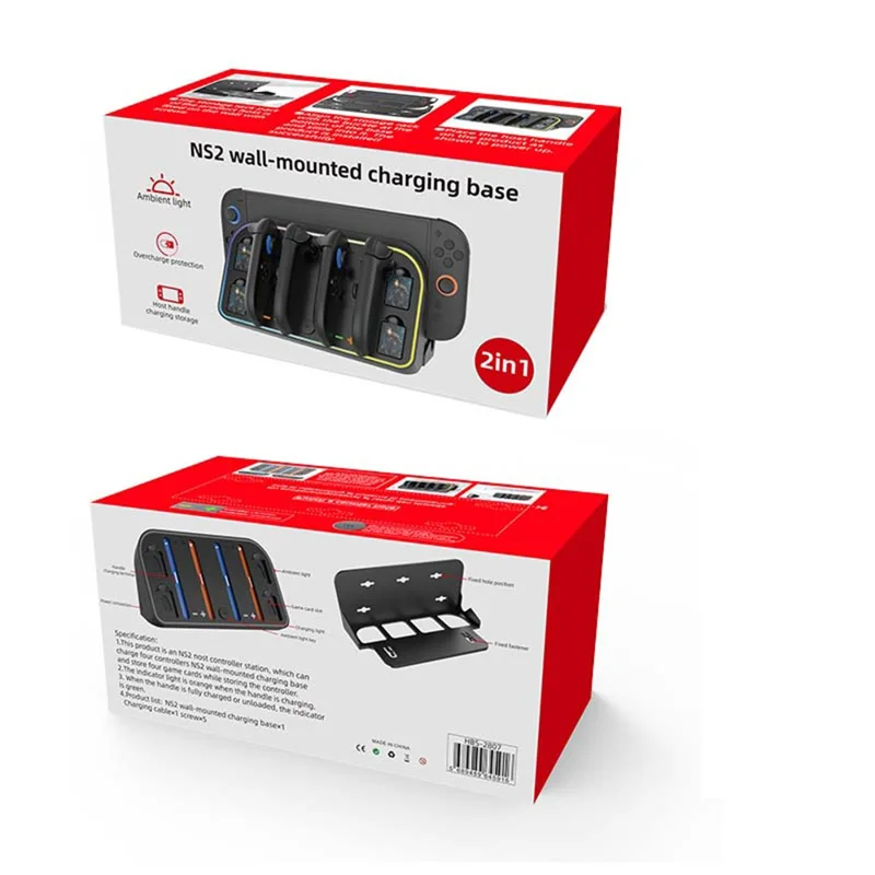HBS-2807 Настенная зарядная док-станция для Nintendo Switch с 4 слотами для Joy-Con с RGB-подсветкой