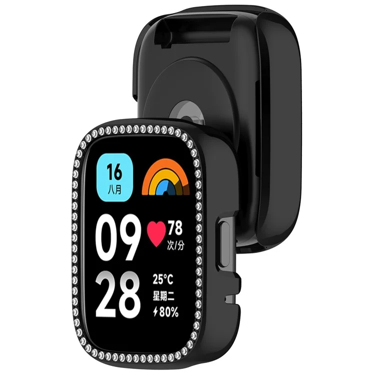 For Xiaomi Redmi Watch 3 Active  /  Watch 3 Lite Watch Case Rhinestone Decor Hollow Design Electroplating PC Watch Cover - Black