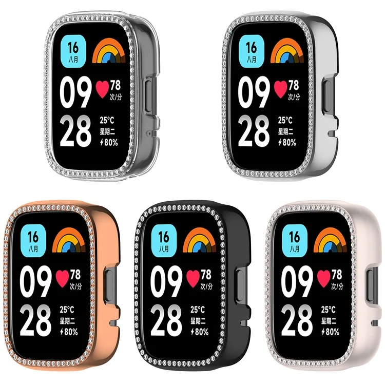 For Xiaomi Redmi Watch 3 Active  /  Watch 3 Lite Watch Case Rhinestone Decor Hollow Design Electroplating PC Watch Cover - Black