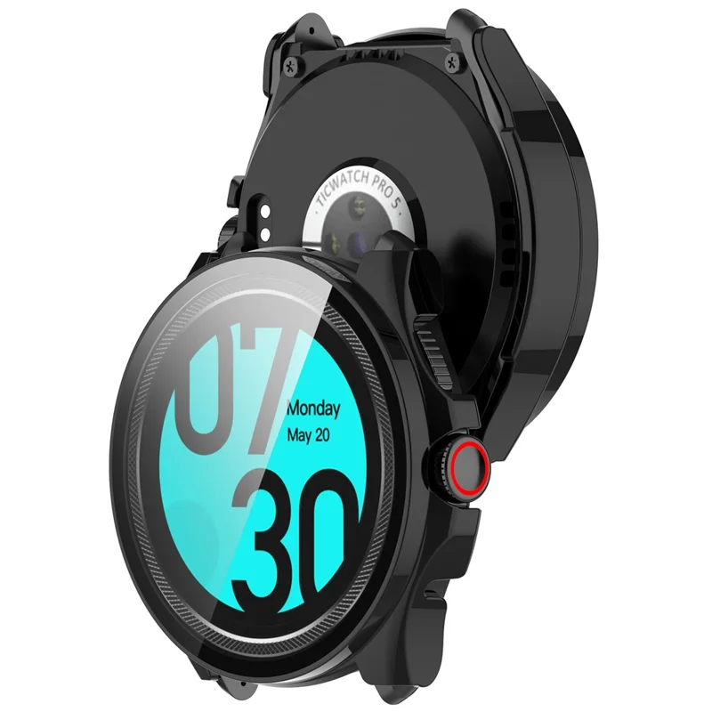 For TicWatch Pro 5 Enduro Watch Case PC Frame Cover with Tempered Glass Screen Film - Black