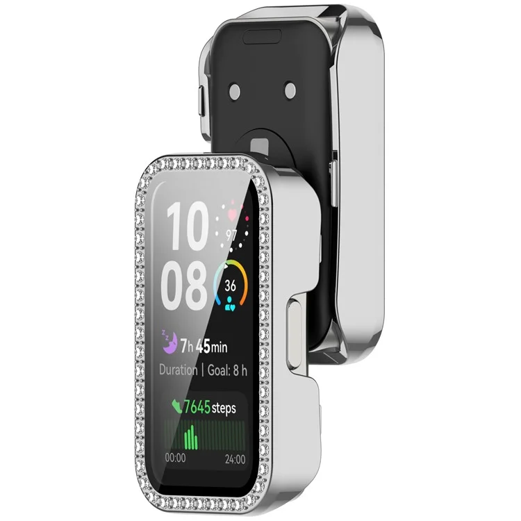 For Huawei Band 10  /  9  /  8 Case Rhinestone Decor PC + Tempered Glass Film Protective Watch Cover - Silver