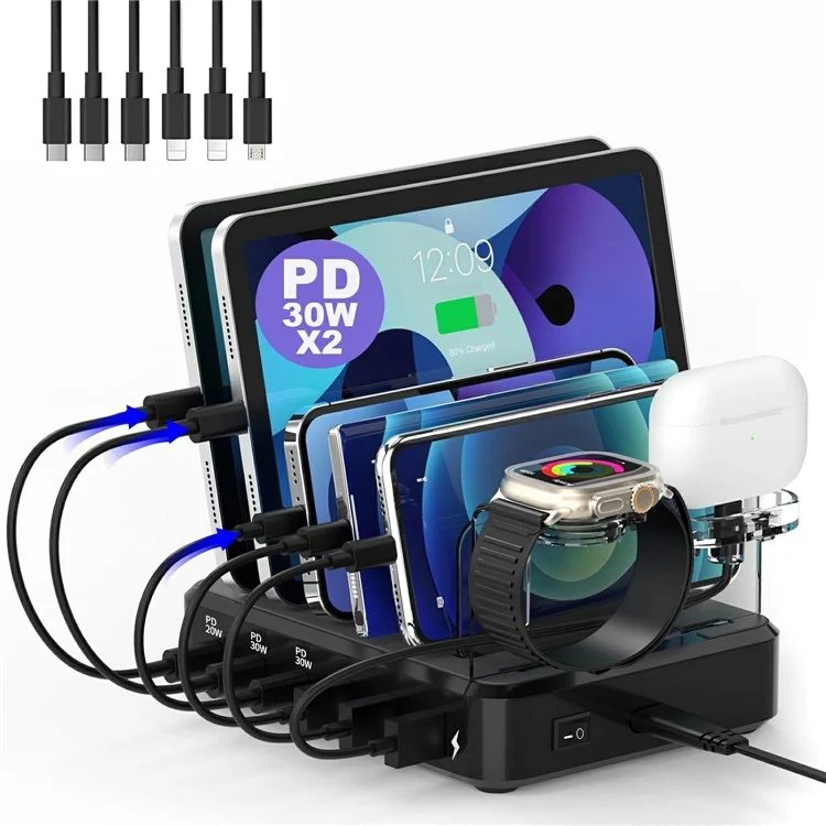 018-3PD-2 6 Ports USB Charging Station 110W PD QC 3.0 Smart Charging Dock for iPhone  /  iPad  /  iWatch  /  AirPods - Black / US Plug
