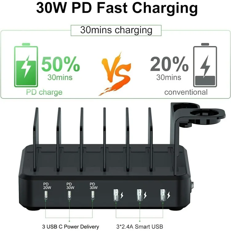 018-3PD-2 6 Ports USB Charging Station 110W PD QC 3.0 Smart Charging Dock for iPhone  /  iPad  /  iWatch  /  AirPods - Black / US Plug