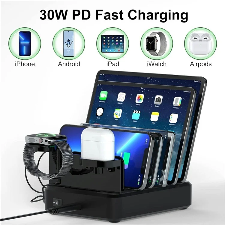 018-3PD-2 6 Ports USB Charging Station 110W PD QC 3.0 Smart Charging Dock for iPhone  /  iPad  /  iWatch  /  AirPods - Black / US Plug