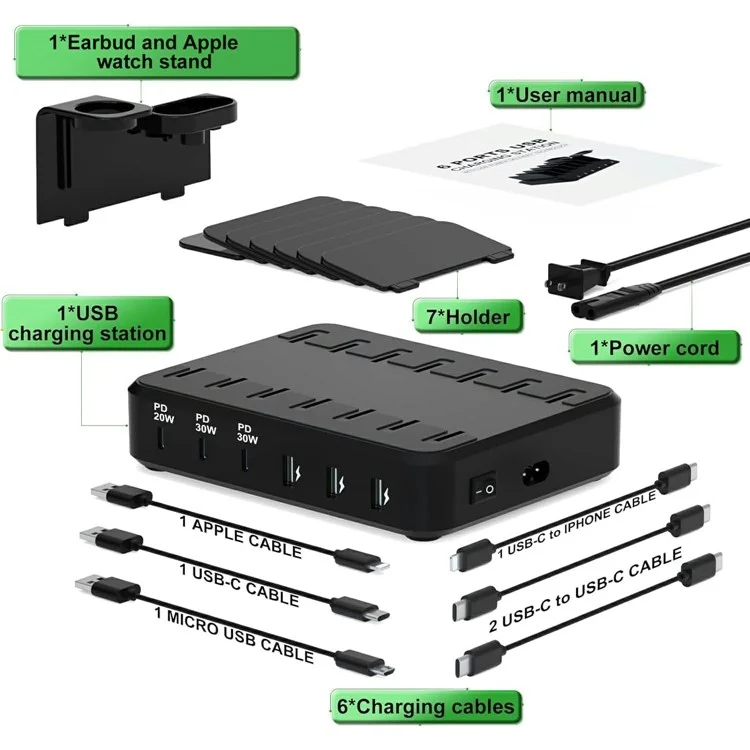 018-3PD-2 6 Ports USB Charging Station 110W PD QC 3.0 Smart Charging Dock for iPhone  /  iPad  /  iWatch  /  AirPods - Black / US Plug