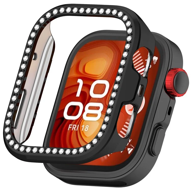 For Huawei Watch Fit 4 Watch Case Rhinestone Decor Hollow Design Electroplating PC Watch Cover - Black