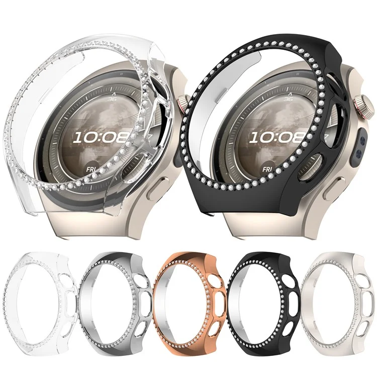 For Huawei Watch 5 46mm Watch Case Rhinestone Decor Hollow Electroplating PC Watch Cover - Black