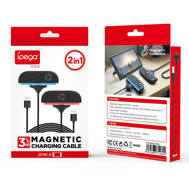 IPEGA PG-SW2119A 2 Pezzi Per Nintendo Switch 2 Caricacavi per Controller Joy-Con con Ricarica Magnetica Rapida, 3m