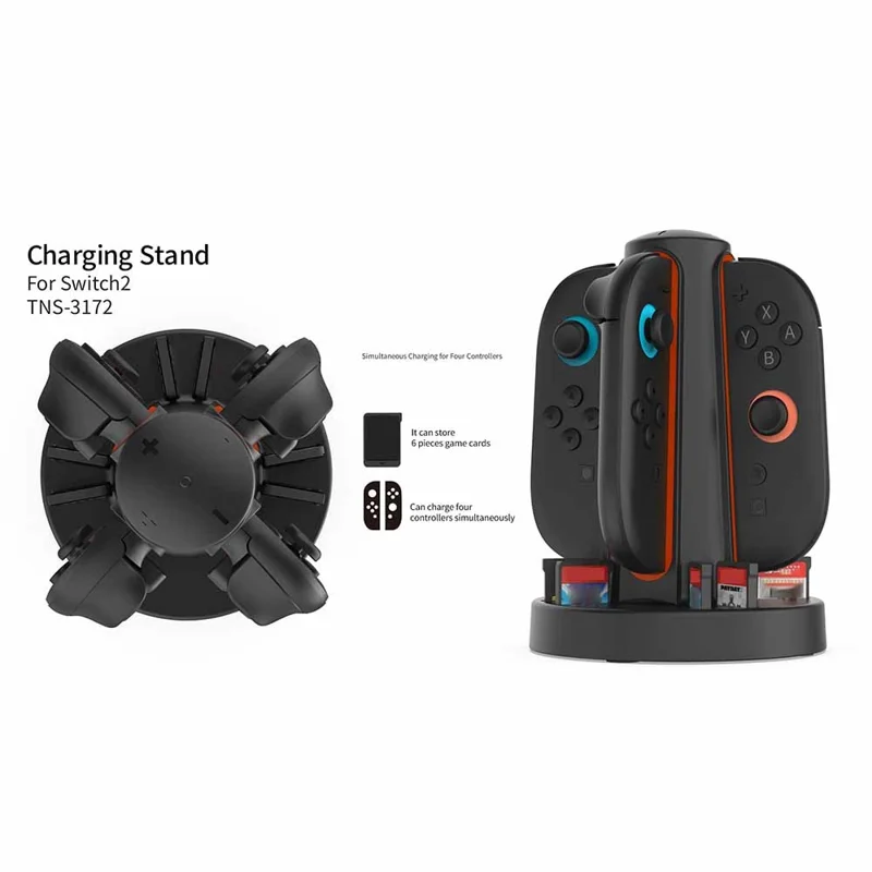 Base de carga DOBE TNS-3172 para 2 mandos Joy-Con de Nintendo Switch con almacenamiento de tarjetas de juego