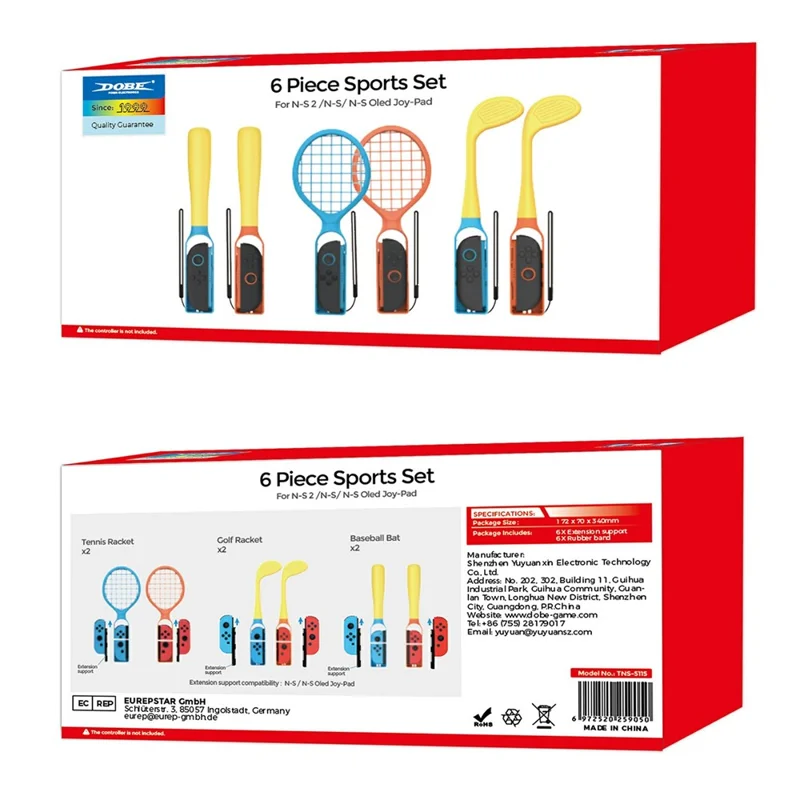 DOBE TNS-5115 Kit Deportivo 6 en 1 para Nintendo Switch 2 / Switch / Switch OLED Bate de Béisbol / Raqueta de Tenis / Palo de Golf Empuñadura Joy-Con