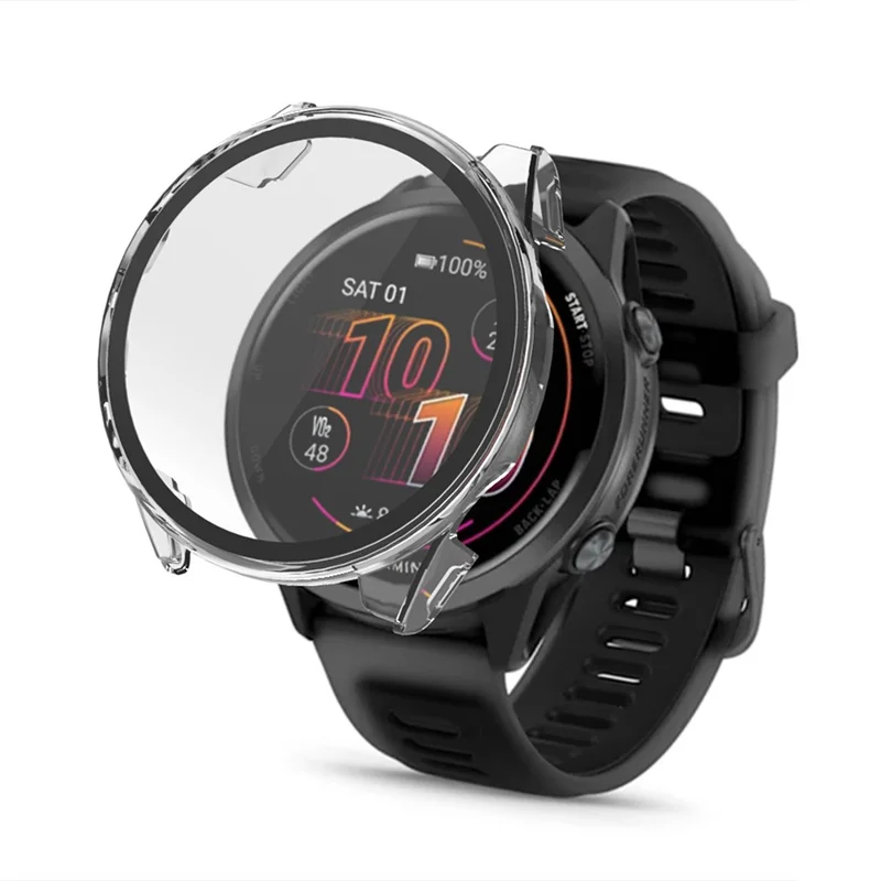 For Garmin Forerunner 570 42mm Protective Case Hard PC Watch Frame with Tempered Glass Film - Ivory White