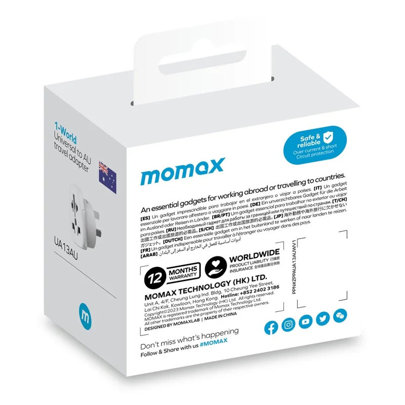 Adaptador de Viaje Universal MOMAX 1-World de 2500W Convertidor de Corriente - Enchufe AU / Blanco