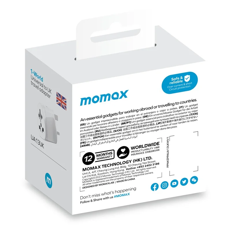 MOMAX 1-World 2500W Global Travel Adapter Universal Power Converter - UK Plug / White