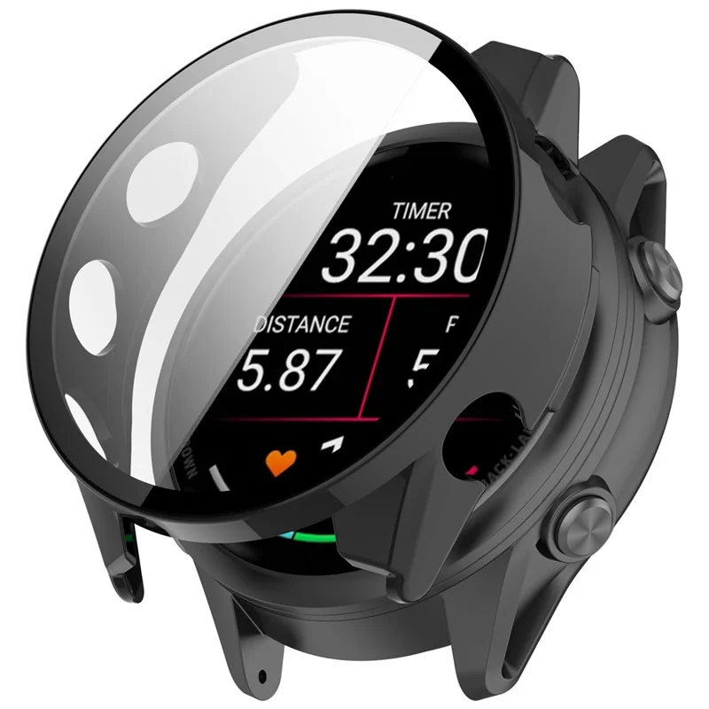 For Garmin Forerunner 570 47mm Case Hard PC All-Around Watch Cover with Tempered Glass Film - Black