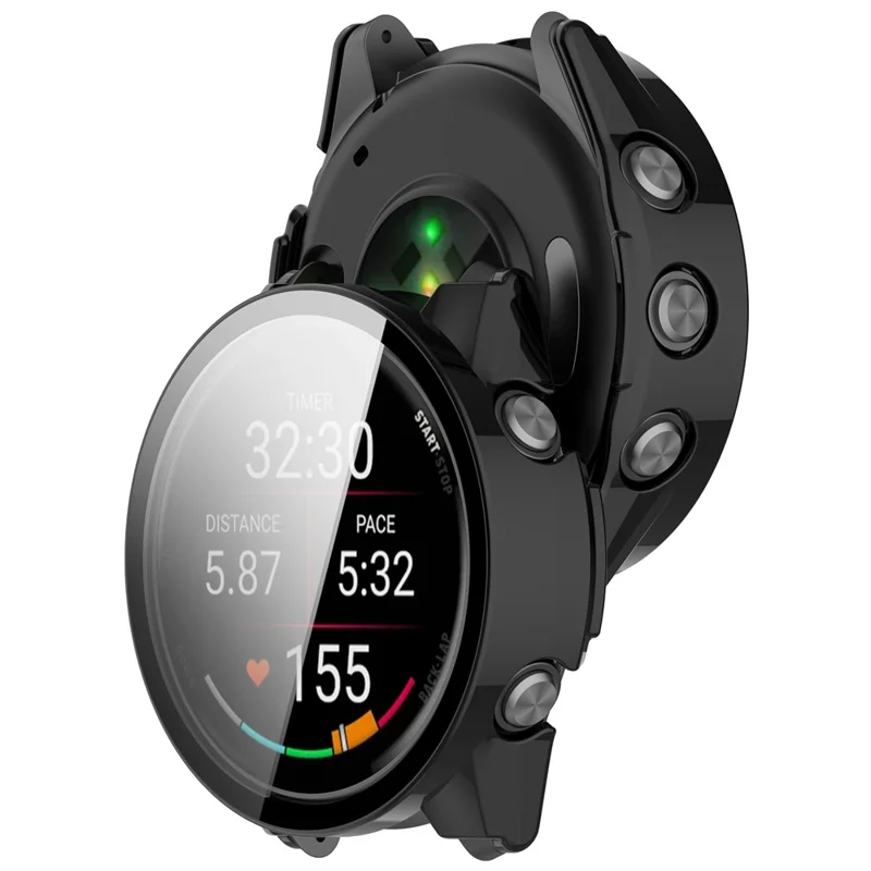 For Garmin Forerunner 570 42mm Case Hard PC All-Around Watch Cover with Tempered Glass Film - Black