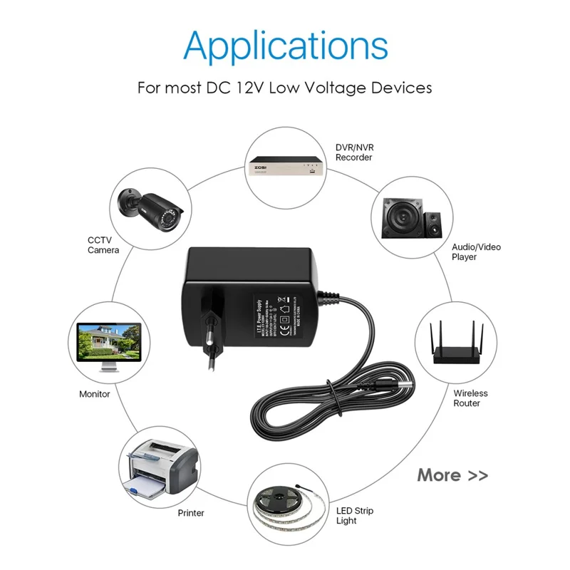 Adaptateur d'alimentation ZOSI DC 12V 2A 2000mA pour Caméra de Sécurité CCTV - Prise EU
