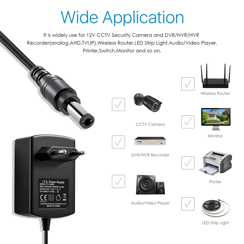 Adaptateur d'alimentation ZOSI DC 12V 2A 2000mA pour Caméra de Sécurité CCTV - Prise EU