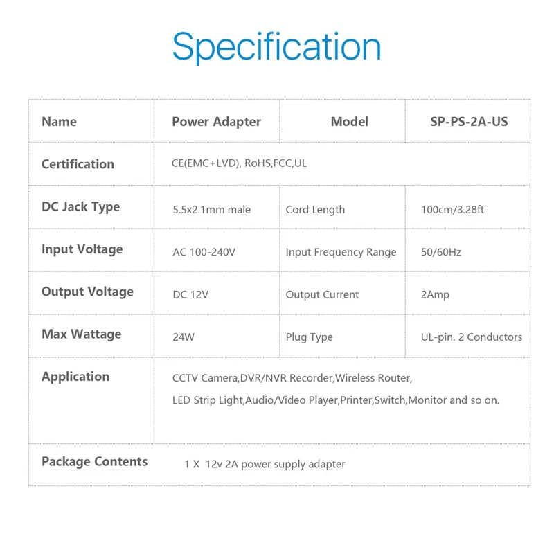 Adaptateur d'alimentation ZOSI DC 12V 2A 2000mA pour Caméra de Sécurité CCTV - Prise EU