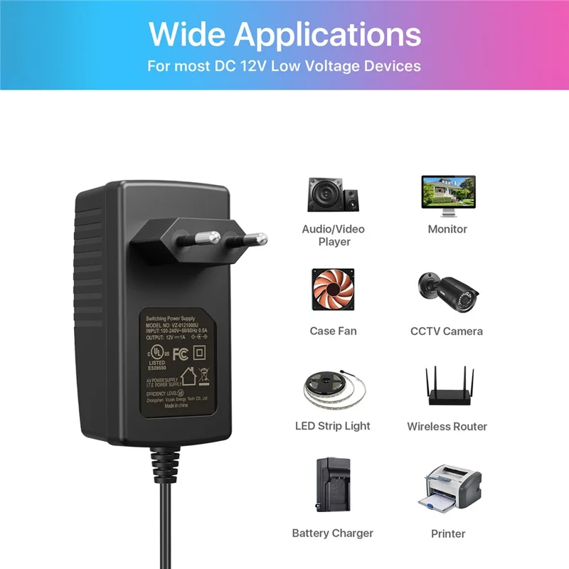ZOSI 12V 1A 1000mA Power Supply Adapter CCTV Security Camera System for Home Surveillance - EU Plug